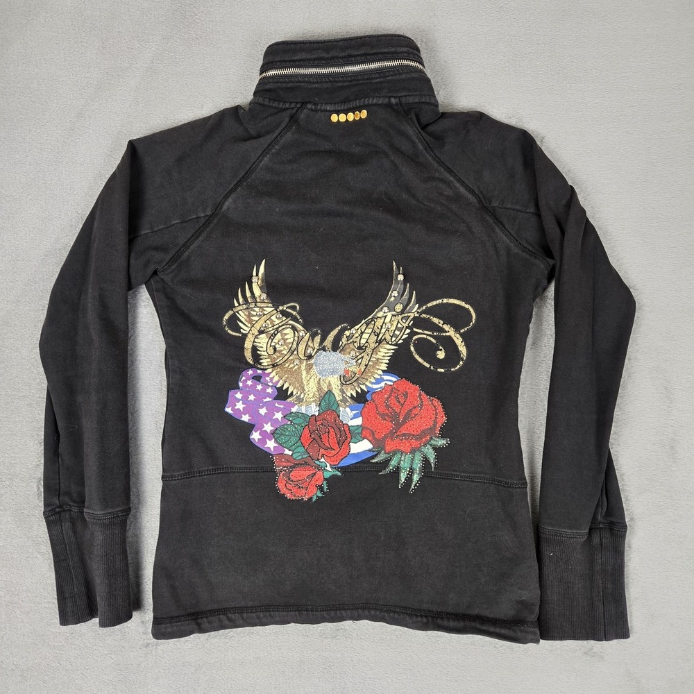 COOGI Jacket Womens Large Vintage Embellished Sweatshirt Black Y2K Eagle Flowers